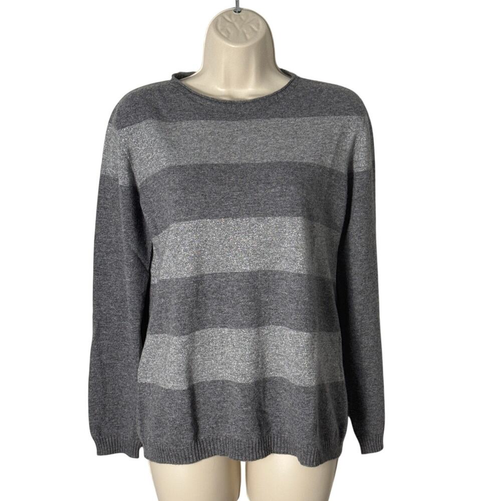 Carla Ferroni‎ Cashmere Wool Blend Gray Striped Metallic Thread Sweater Size M